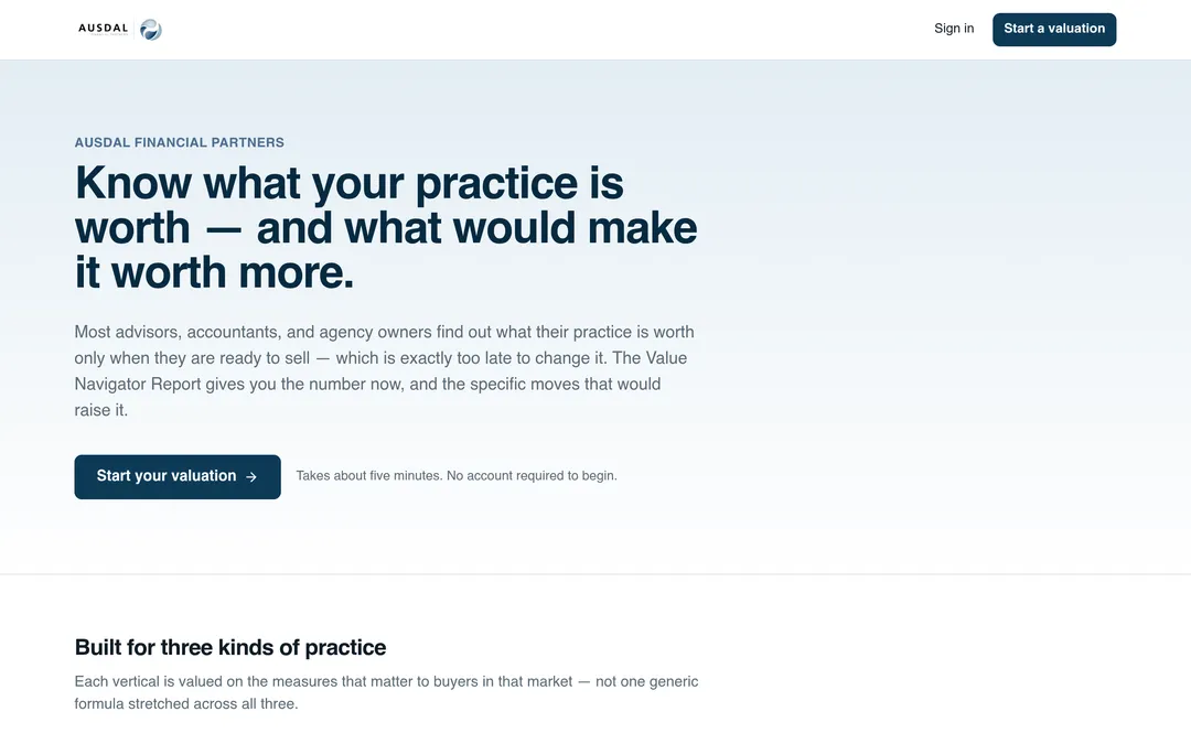 Ausdal Value Navigator live homepage